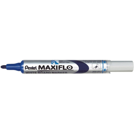 Pentel Maxiflo Rotulador para Pizarra Blanca - Regulacion del Flujo de Tinta - Punta de Bala - Ancho de Linea 2mm - 50% de Materiales Reciclados - Color Azul