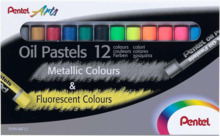 Pentel Oil Pastels Pack de 12 Pasteles Oleo - 6 Metalicos y 6 Fluorescentes - Blandos, Cremosos y de Secado Lento - Colores Meta