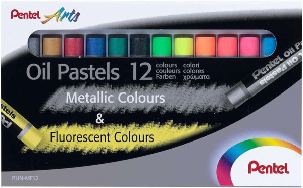 Pentel Oil Pastels Pack de 12 Pasteles Oleo - 6 Metalicos y 6 Fluorescentes - Blandos, Cremosos y de Secado Lento - Colores Meta