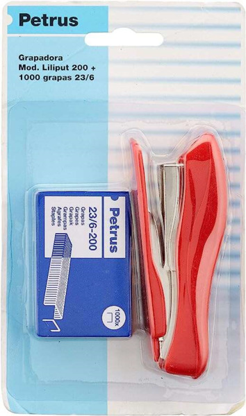 Petrus 200 Liliput Grapadora + 1 Caja grapas 23/6-200 - Hasta 12 Hojas - Grapas 23/6 - Grapado Cerrado y Clavado - Colores Surti