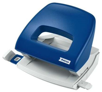 Petrus 80 Taladro Perforador Pequeño - Hasta 16 Hojas - Marcas de Formato - Facil Vaciado - Punzones 5.5mm - Color Azul