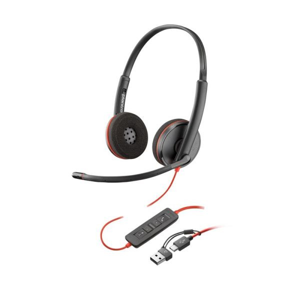 Plantronics/Poly Blackwire 3220 USB-C Auriculares con Microfono - Almohadillas Acolchadas - Controles en Cable - Adaptador USB-A
