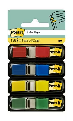 Pos-it Index Pack de 4 Dispensadores con 35 Marcadores Reposicionables 11.9 x 43.2mm - Adherencia Firme - Para Marcar, Señalar o Destacar Informacion - 7000144923 - Colores Surtidos
