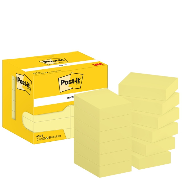 Post-It Pack de 12 Blocs de 100 Notas Adhesivas Reposicionables - Forma Rectangular - 38x51mm - Color Amarillo Claro