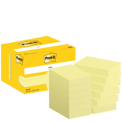 Post-It Pack de 12 Blocs de 100 Notas Adhesivas Reposicionables - Forma Rectangular - 51x76mm - Color Amarillo Claro