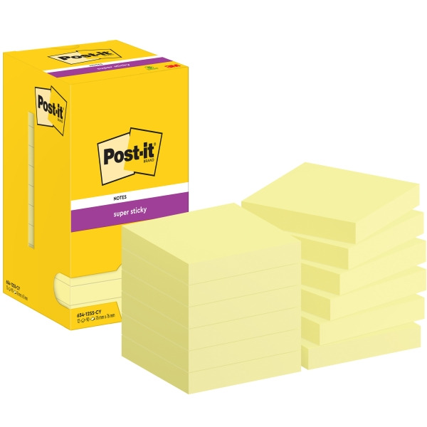 Post-It Super Sticky Pack de 12 Blocs de 90 Notas Adhesivas Reposicionables - 76x76mm - Paquete de Carton - Color Amarillo Claro