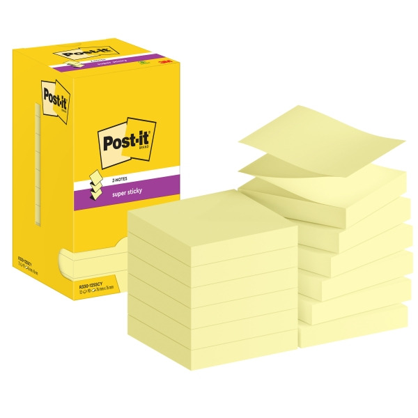 Post-It Super Sticky Pack de 12 Blocs de 90 Notas Adhesivas Reposicionables Zig-Zag 76x76mm - Forma Cuadrada - Color Amarillo Cl