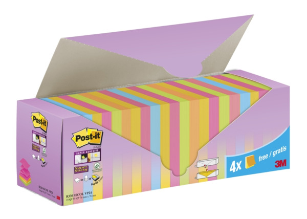 Post-It Super Sticky Pack de 24 Blocs de 90 Notas Adhesivas Reposicionables - Forma Cuadrada - 76x76mm - en Zig-Zag - Colores Su