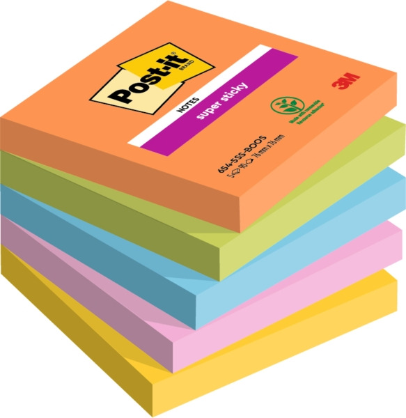 Post-It Super Sticky Pack de 5 Blocs de 90 Notas Adhesivas Reposicionables - Forma Cuadrada - 76x76mm - Colores Surtidos
