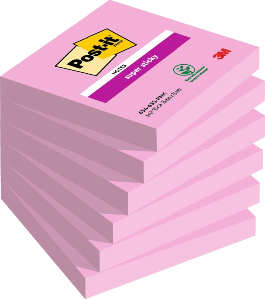 Post-It Super Sticky Pack de 6 Blocs de 90 Notas Adhesivas Reposicionables - 76x76mm - 100% PEFC - Color Rosa