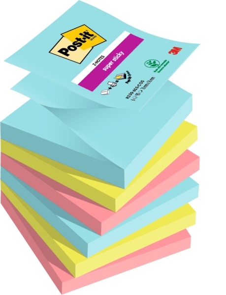 Post-It Super Sticky Pack de 6 Blocs de 90 Notas Adhesivas Reposicionables - Forma Cuadrada - 76x76mm - en Zig-Zag - Colores Sur