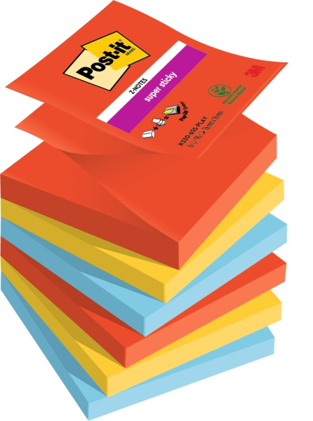 Post-It Super Sticky Pack de 6 Blocs de 90 Notas Adhesivas Reposicionables - Forma Cuadrada - 76x76mm - en Zig-Zag - Colores Sur