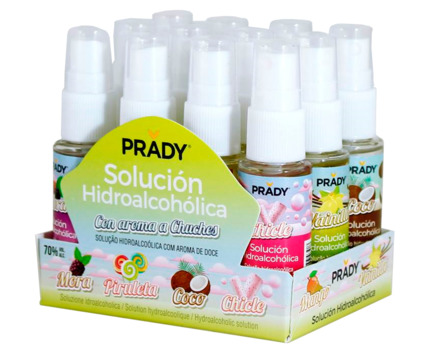 Prady Spray Hidroalcoholico Higienizante 30ml - 6 Aromas a Golosinas - Alcohol 70% - Expositor 12 unidades