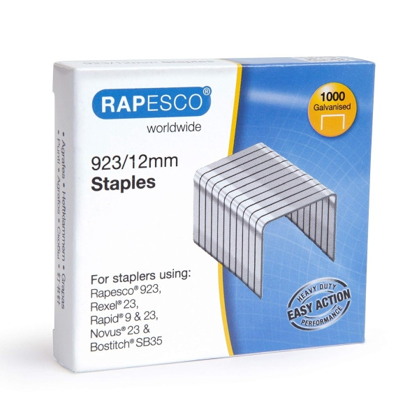 Rapesco Caja de 1000 Grapas 923/12 - Alambre Reforzado Galvanizado - Patilla de 12mm