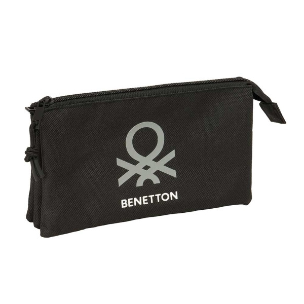 Safta Benetton Basics Portatodo - 3 Compartimentos con Cremalleras - Bolsillo Interior - 0.6L - 220x30x120mm - Color Negro