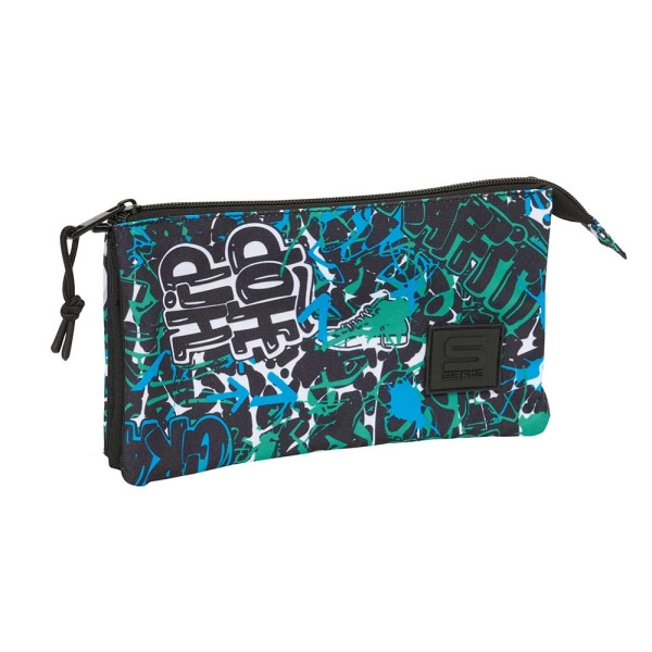 Safta Graffiti Go Portatodo - 3 Compartimentos con Cremalleras - Bolsillo Interior - 0.60L - 220x30x120mm - Color Azul Oscuro