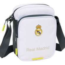 Safta Real Madrid Bandolera de 2L - Ajustable - Bolsillo Trasero con Velcro - Cierre con Cremallera - 16x22x6cm - Color Blanco y