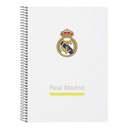 Safta Real Madrid Cuaderno Espiral - Tapas Duras - 80 Hojas A4 con Cuadriculada 4X4mm - Formato Cuarto - 15.5x22x1cm - Color Blanco y Negro