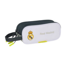 Safta Real Madrid Estuche Portatodo de 1.25L - 3 Compartimentos - Asa de Mano - Cierre de Cremallera - 21x8.5x7cm - Color Blanco