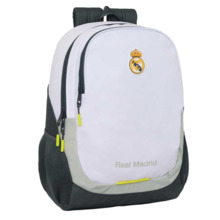 Safta Real Madrid Mochila Escolar de 23L - Adaptable a Carro - 2 Compartimentos - Portabotellas - 32x44x16cm - Color Blanco y Ne