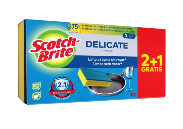 Scotch-Brite Delicate Pack de 3 Estropajos de Cocina - Promocion 2 + 1 Gratis - No Raya - Color Amarillo