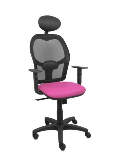 Silla Alocén malla negra asiento similpiel rosa brazos regulables cabecero fijo (1)