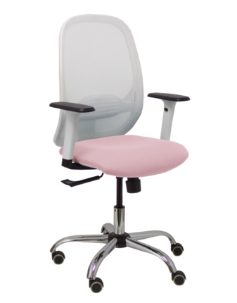 Silla de oficina Cilanco blanca malla blanca asiento bali rosa brazo regulable base cromada ruedas de parqué