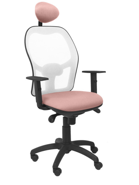 Silla de oficina Jorquera malla blanca asiento bali rosa pálido con cabecero fijo (1)