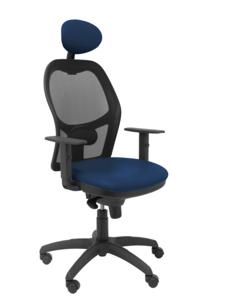 Silla de oficina Jorquera malla negra asiento similpiel azul marino con cabecero fijo (1)