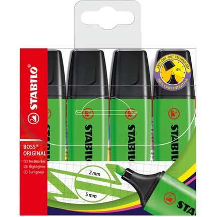 Stabilo Boss 70 Pack de 4 Marcadores Fluorescentes - Trazo entre 2 y 5mm - Recargable - Tinta con Base de Agua - Color Verde