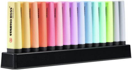 Stabilo Boss 70 Pastel Pack de 15 Marcadores Fluorescentes - Trazo entre 2 y 5mm - Recargable - Tinta con Base de Agua - Colores Surtidos