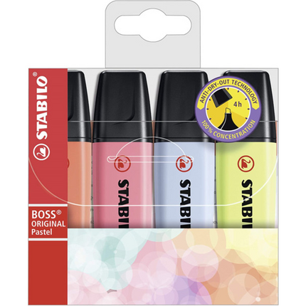 Stabilo Boss 70 Pastel Pack de 4 Marcadores Fluorescentes - Trazo entre 2 y 5mm - Recargable - Tinta con Base de Agua - Colores Surtidos