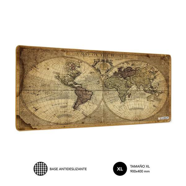 Subblim Alfombrilla de Escritorio Mapa Del Mundo Vintage - Tamaño 900x400x3mm - Espacio para Raton y Teclado - Resistente al Ag