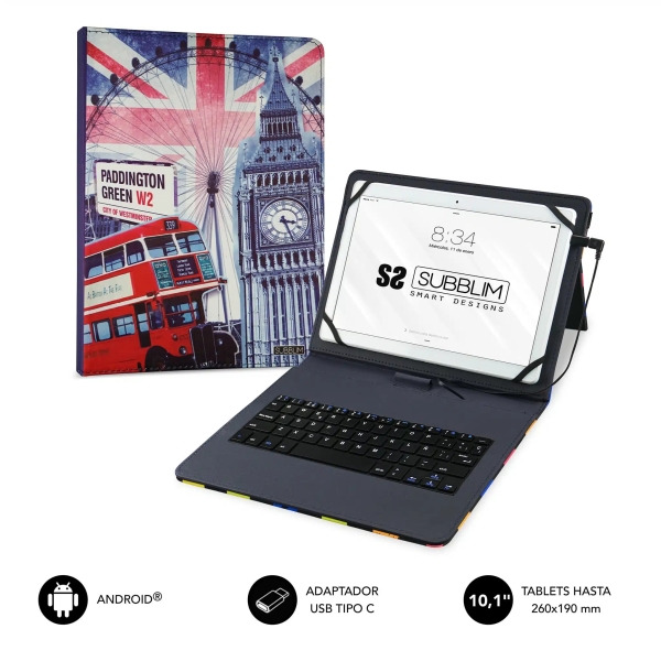 Subblim Keytab Pro USB - Teclado con Funda Universal para Tablets - Comodidad y Flexibilidad al Escribir - Angulo Ideal para Esc