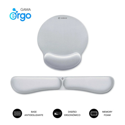 Subblim Pack Ergo MemoryFlex Alfombrilla Ergonomica para Raton y Reposamuñecas Teclado - Espuma Elastica - Microtexturizada Impermeable - Base Antideslizante - Color Plata