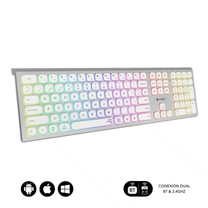 Subblim Teclado Inalambrico Master - Bluetooth y 2.4G - Iluminado - Teclas Ergonomicas de Bajo Perfil - Color Blanco Plata