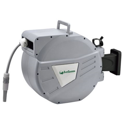 Sungarden SG0166 Manguera 30 Metros - Recogedor Automatico con Guia - Funcion de Retraccion Lenta - Soporte Para Instalacion en Pared - Giro 180 - Color Gris