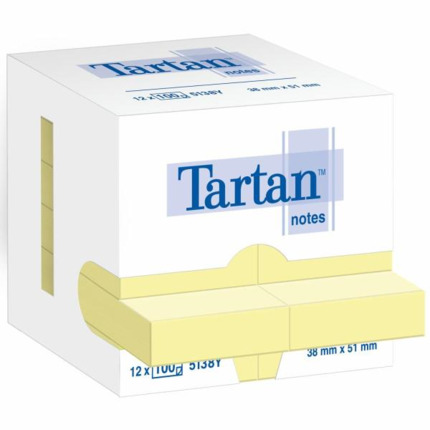 Tartan Pack de 12 Blocs de 100 Notas Adhesivas Reposicionables 51x38mm - 100% PEFC - Color Amarillo Claro
