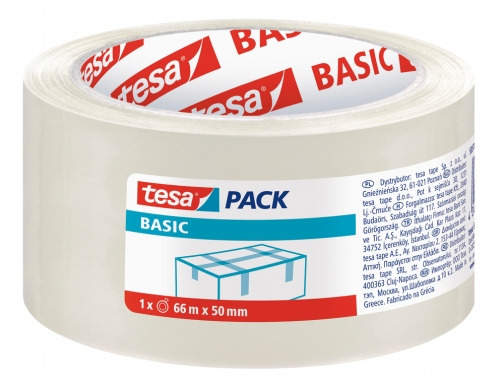 Tesa Basic Precinto de Embalar 50mm x 66 Metros - Fabricado en Polipropileno - Adhesivo Ecologico - Transparente