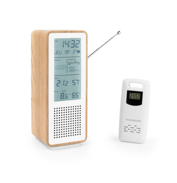 Thomson Altavoz Bluetooth con Estacion Meteorologica y Radio FM - Potencia Musical 15W - Pantalla Retroiluminada - Sonda Exterio
