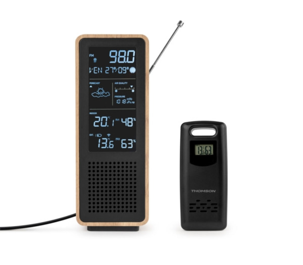 Thomson Altavoz Bluetooth con Estacion Meteorologica y Radio FM - Potencia Musical 15W - Pantalla Retroiluminada - Sonda Exterio