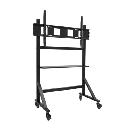 Tooq Optimus Soporte de Suelo para Pantallas Interactivas/TV de 60 a 105" - Bandeja Multiusos - Peso Max. 120kg - Altura Ajustable - Ruedas - Color Negro