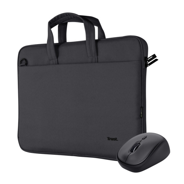 Trust Maletin para Portatil de 16" Ecologico + Raton Inalambrico Silencioso - Diseño con Materiales Reciclados - Compacto y Tot