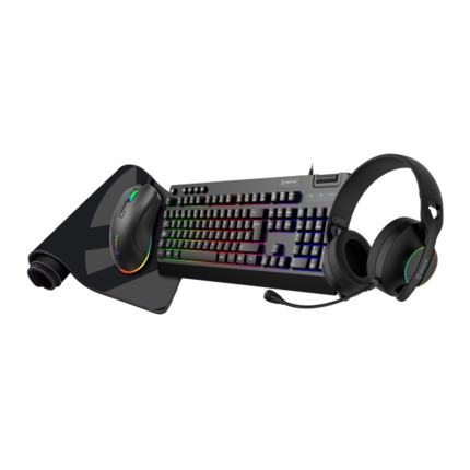 Unykach Pack Gaming NOVA 4in1 USB Teclado Multimedia + Raton 7200dpi + Auriculares con Microfono + Alfombrilla XL - Teclado PortuguÃ©s - Color Negro